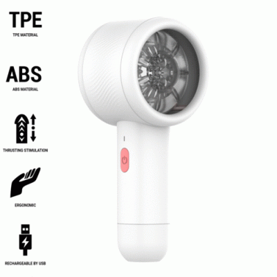 Dispositivo manual branco com botão rosa e superfície texturizada na parte superior