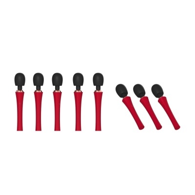 Oito vibradores de varinha silicone vermelho com cabeças pretas em fundo branco
