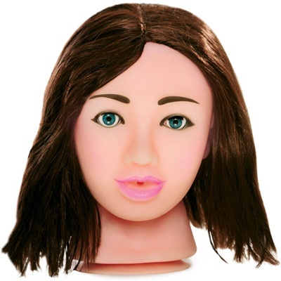 Cabeça de manequim para treino de maquilhagem com cabelo castanho e olhos azuis