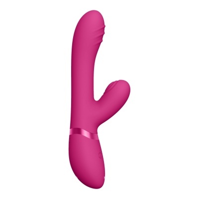 Vibrador cor-de-rosa com design anatómico e duas pontas flexíveis.