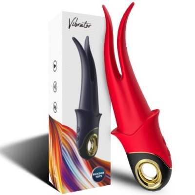 Vibrador vermelho em silicone com embalagem ao lado