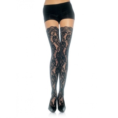 Meia-calça preta rendada floral e calções curtos