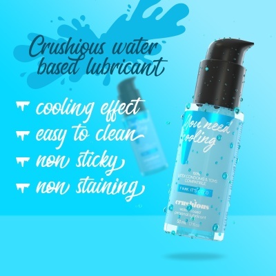 Frasco azul com tampa preta e gotas transparentes de lubrificante à base de água com texto em fundo azul.