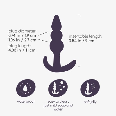 Ilustração de um plugue anal preto com medidas e ícones de características