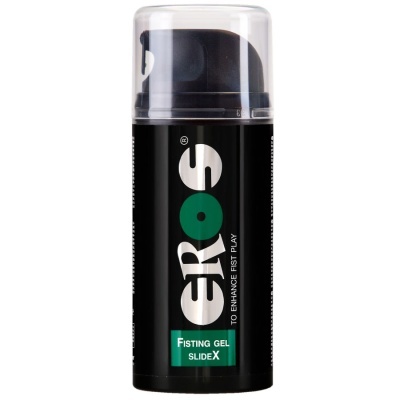 Frasco preto com tampa transparente e texto EROS Fisting Gel SlideX