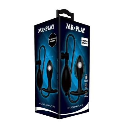 Caixa do plugue anal inflável MR PLAY, preto, com bomba e texto branco.