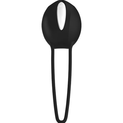 Dispositivo preto oval com detalhe branco e alça alongada em fundo branco