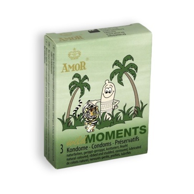 Embalagem verde de preservativos AMOR wild MOMENTS com ilustração de tigre e personagem de preservativo