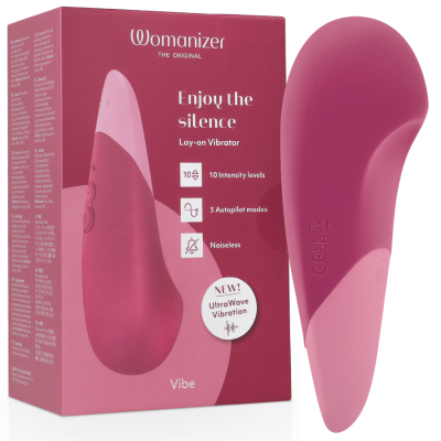 Vibrador Womanizer em rosa e bordô com embalagem bordô com texto em inglês