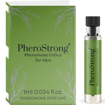 Caixa e frasco de perfume verde com texto PheroStrong e design de ramos