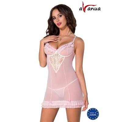 Camisola rosa translucida com detalhes em renda branca e folhos na base