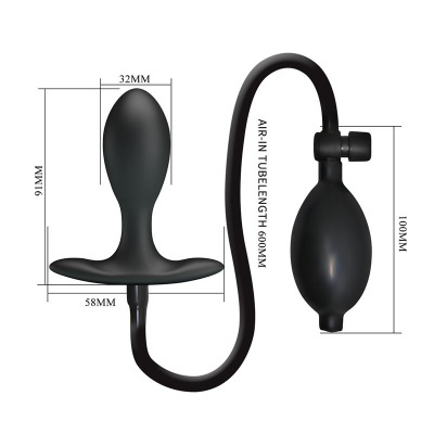Dispositivo preto em silicone com válvula de ar e tubo para insuflação e dimensões indicadas