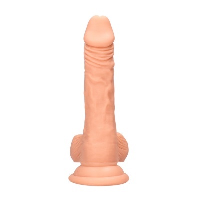Dildo realista cor pele com textura detalhada e base plana em fundo branco