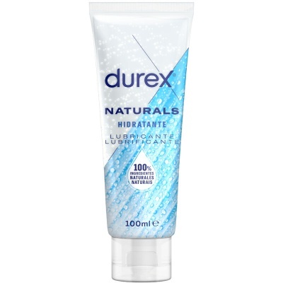 Tubo de lubrificante Durex Naturals hidratante 100ml com design azul e branco