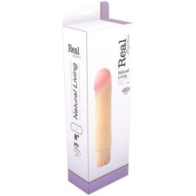Caixa de produto branca e lilás com foto de objeto cor de pele e rosa, texto Real Playfun, Natural Living.