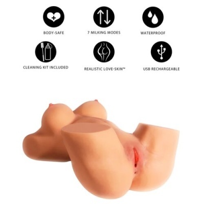 Masturbador masculino realista cor pele com funcionalidades e ícones pretos num fundo branco