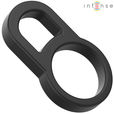 Acessório preto com duas aberturas e logotipo intense no fundo branco