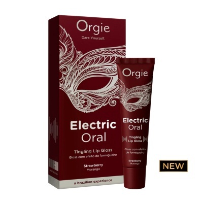 Brilho labial Orgie Electric Oral em embalagem bordô com máscara ornamental e texto explicativo