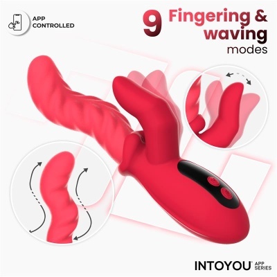Vibrador vermelho com extensões e botões de controlo, texto de modos de uso e controlo por app
