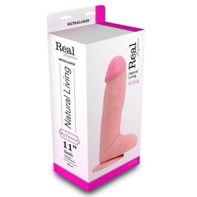 Embalagem branca e rosa com dildo cor de pele e texto informativo
