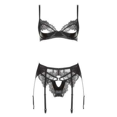 Conjunto de lingerie preto com renda e cetim, com soutien e cinta-liga.