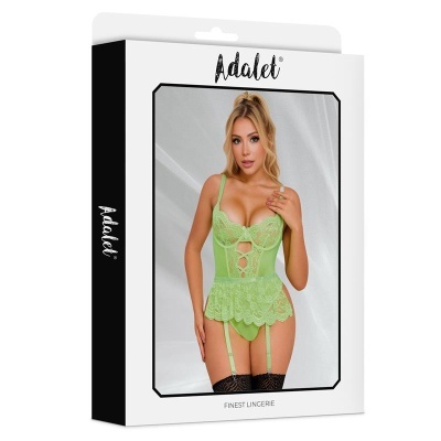 Embalagem de lingerie com modelo a usar conjunto verde claro de renda com alças e liga