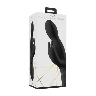 Embalagem branca com linhas douradas e vibrador preto tipo coelho