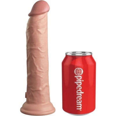 Dildo realista em silicone cor pele ao lado de lata vermelha com texto pipedream