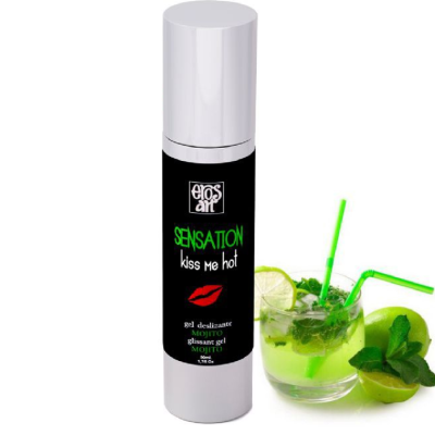Frasco preto e prateado de gel ao lado de bebida mojito com lima e hortelã
