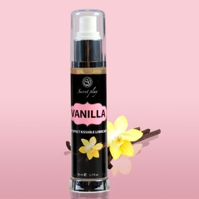 Frasco de lubrificante aroma baunilha com flor e vagens de baunilha