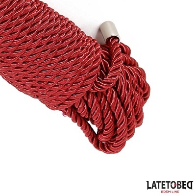 Corda vermelha trançada com ponta metálica e texto da marca LATETOBED BDSM LINE