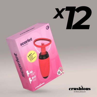 Embalagem rosa com produto vermelho e preto chamado scarlet vulva pump da marca Crushious.