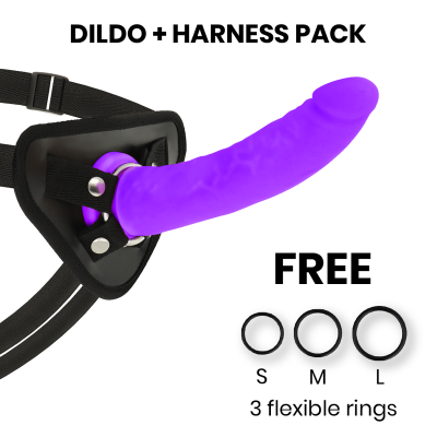 Conjunto dildo roxo com arnês preto e três anéis flexíveis