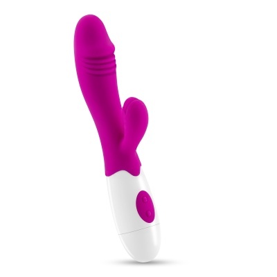 Vibrador rosa com base branca e botões roxos