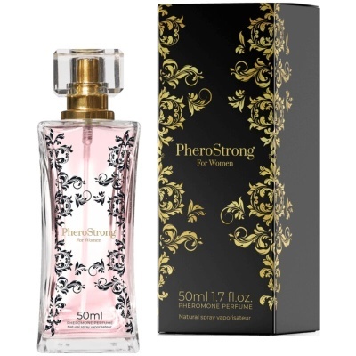 Frasco de perfume cor de rosa com caixa preta e dourada PheroStrong