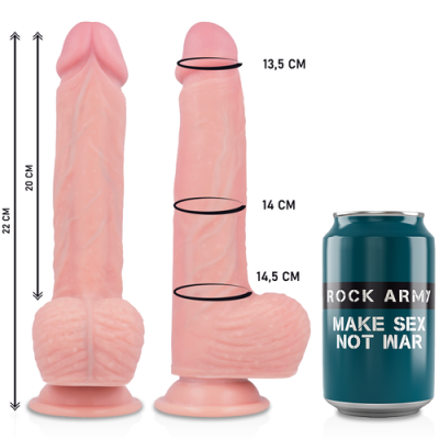 Dildo cor bege com veias realistas ao lado de lata azul escura com texto