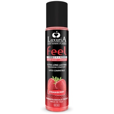 Frasco de lubrificante LuxuriA feel com fragrância a morango em embalagem preta e vermelha