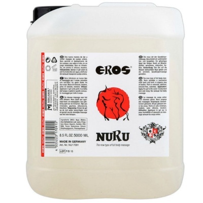 Recipiente de gel massageador Nuru branco com etiqueta e imagem da figura humana