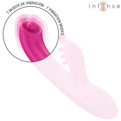 Vibrador rosa claro com ponta rosa escuro e indicação de 7 modos de vibração, logotipo Intense