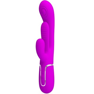Vibrador roxo em silicone com três pontas e detalhes prateados