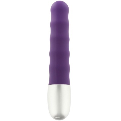 Vibrador roxo com base prateada e textura ondulada