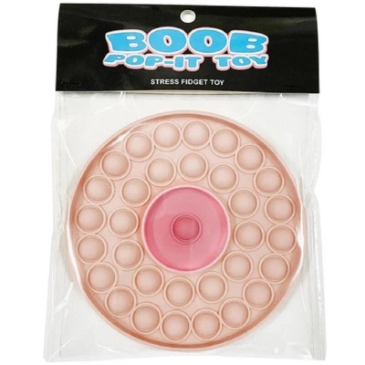 Brinquedo anti-stress pop-it redondo bege com centro rosa em embalagem