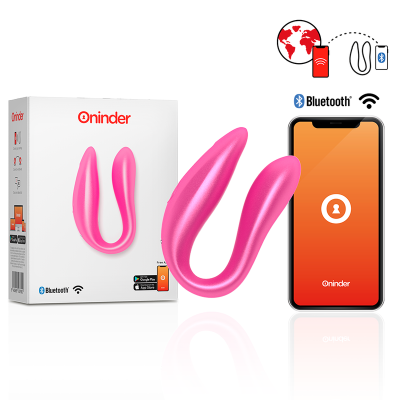Dispositivo rosa em forma de U da Oninder com caixa e smartphone mostrando app