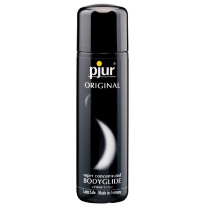 Frasco preto de pjur Original Bodyglide com texto em branco e amarelo