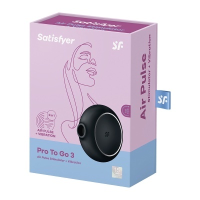 Embalagem do estimulador Satisfyer Pro To Go 3 preto com detalhes em branco e roxo.