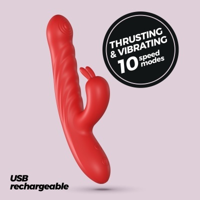 Vibrador vermelho com texto destacando modos de velocidade e carregamento USB