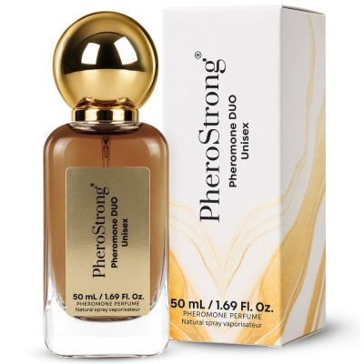 Frasco de perfume PheroStrong com tampa dourada e caixa branca com detalhes dourados