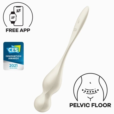 Produto branco para pavimento pélvico com texto e símbolos relacionados