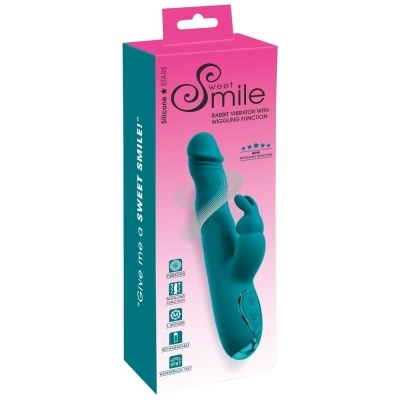 Embalagem de vibrador tipo coelho azul-turquesa com texto de características