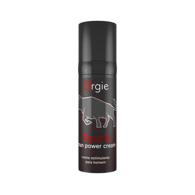 Frasco preto com texto Orgie Touro man power cream e imagem de touro.